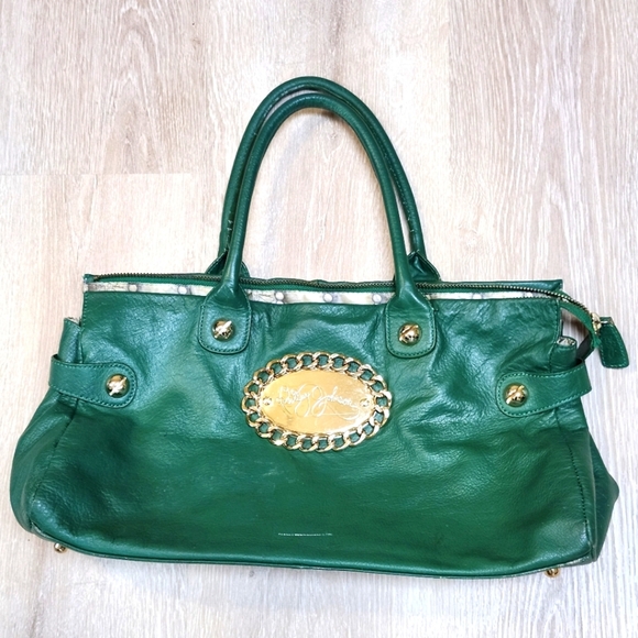 Betsey Johnson Green Leather Shoulder Bag Tote Studded Y2K Gold Plate Logo